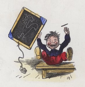 Niño con un dibujo de un gallo en una pizarra