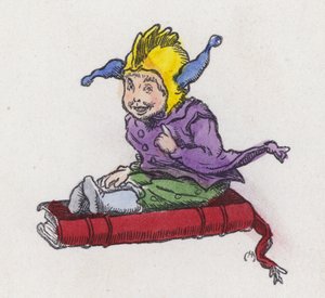Figura sentada sobre un libro y con un sombrero de bufón