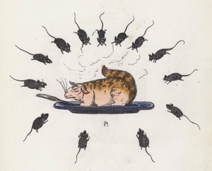 Gato glotón en un plato rodeado de ratones hambrientos de Charles Henry (after) Bennett