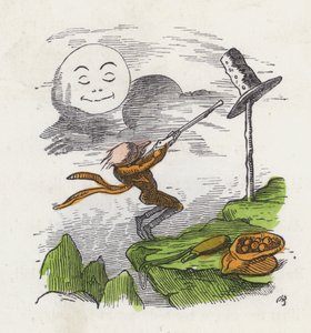Hombre disparando a su sombrero frustrado por no poder alcanzar la Luna de Charles Henry (after) Bennett