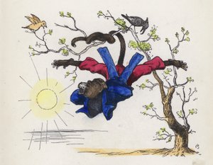 Mono colgando de un árbol por su cola (grabado coloreado) de Charles Henry (after) Bennett