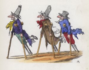 Tres mendigos discapacitados (grabado coloreado) de Charles Henry (after) Bennett