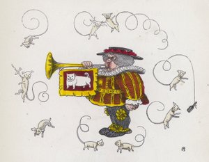 Pregonero tocando una trompeta, rodeado de perros con colas rizadas (grabado coloreado)