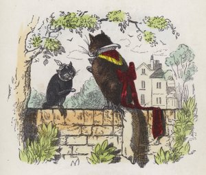 Dos gatos en una pared de jardín (grabado coloreado) de Charles Henry (after) Bennett