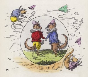 Dos perros con trajes Tudor paseando en un día ventoso con sus colas atadas para evitar ser llevados por el viento (grabado coloreado) de Charles Henry (after) Bennett