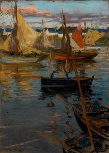 Un resplandor vespertino con un rastro de rosas en la sombra (Boats Concarneau) de Charles Henry Fromuth