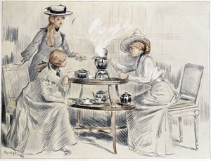 Damas tomando té alrededor de un pequeño samovar - dibujo de Henri Tenré, ca. 1910 de Charles Henry Tenre