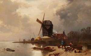 Alemán: Bockwindmühle an einem Seeufer Post Mill on the Shore of a Lake de Charles Hoguet