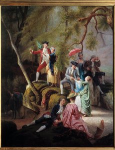 Entretenimiento campestre. Escena galante durante un paseo de nobles. Pintura de Charles Gustave Housez (1822-1880) siglo XIX. Colección privada de Charles Housez