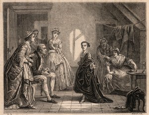 La infancia de Mademoiselle Clairon: la joven Claire-Josephe Leris (1723-1803) recita los versos de la obra que acaba de ver. Se convirtió en comediante bajo el nombre de "Mademoiselle Clairon" o "La Clairon". Grabado de 1862 del cuadro de François-Hubert 