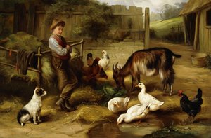 Un Niño con Aves y una Cabra en un Corral de Charles Hunt