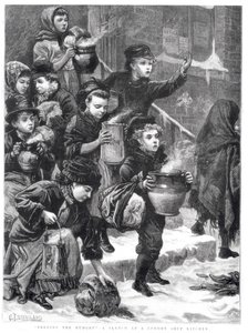 Alimentando a los hambrientos, una cocina de sopa en Londres, 1880 de Charles J. Staniland