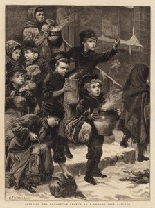 Alimentando a los hambrientos, un boceto en una cocina de sopa de Londres de Charles J. Staniland