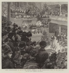 Gran demostración en ayuda de los hospitales de Londres en el salón del Sr. Charrington, en el East End de Charles J. Staniland