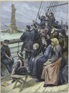 Inmigrantes judíos llegando a Nueva York, EE.UU. en 1892 - refugiados judíos de Rusia pasando la colosal estatua en el puerto de Nueva York - grabado por Charles Joseph Staniland - "Llegada de emigrantes judíos a Nueva York en 1892, ilustración de Charles 