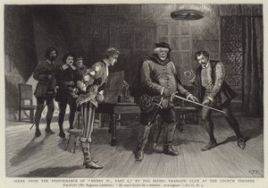 Escena de la Representación de Enrique IV, Parte I, por el Irving Dramatic Club en el Teatro Lyceum de Charles J. Staniland