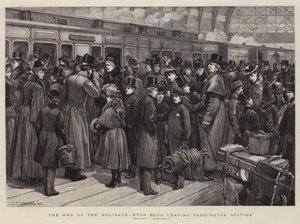 El fin de las vacaciones, chicos de Eton saliendo de la estación de Paddington