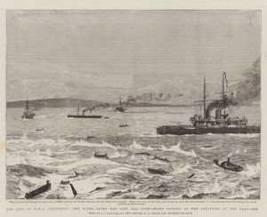 La pérdida del HMS Victoria, la escena después de que el barco se hundiera, botes recogiendo a los sobrevivientes del buque insignia