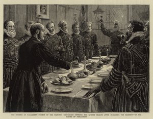 La apertura del Parlamento, los Yeomen de la Guardia del Cuerpo de Su Majestad bebiendo a la salud de la Reina después de registrar el sótano de las Casas del Parlamento de Charles J. Staniland