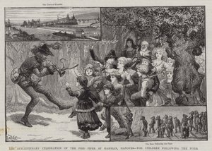 La celebración del sexcentenario del Flautista de Hamelín, Hannover, los niños siguiendo al flautista de Charles J. Staniland