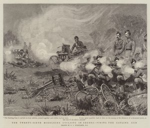 Los Ciclistas del Vigésimo Sexto Middlesex en Zereba, disparando el Gatling