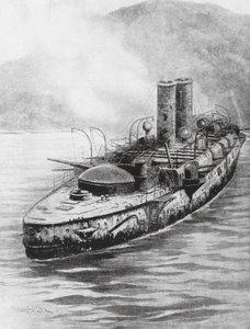 El crucero blindado español Oquendo tras el combate naval de 1898 (litografía) de Charles John de (after) Lacy