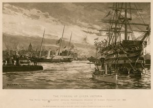 El funeral de la Reina Victoria. El yate real Alberta, llevando el cuerpo de la Reina, entrando en el puerto de Portsmouth al atardecer