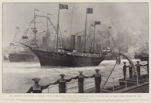 La Revisión Naval de la Coronación en Spithead, 16 de agosto, el Yate de Su Majestad, el Victoria y Albert, con el Rey a Bordo, pasando por las Líneas