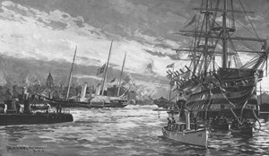 El funeral de la Reina Victoria...Yate Real Alberta entrando en el puerto de Portsmouth...1901 de Charles John de Lacy