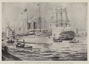 La Visita del Emperador Alemán, Llegada del Hohenzollern al Puerto de Portsmouth, el Buque Insignia de Nelson Victory saludando al Emperador de Charles John de Lacy