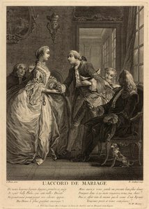 El contrato de matrimonio. Un joven pone un bolso en manos de una joven, ante la mirada de personas preocupadas, notarios y padres. Obra de Charles Eisen (1720-1778), grabado