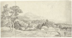 Paisaje con un pueblo cerca de un puente de Charles Joseph Natoire (attributed to)
