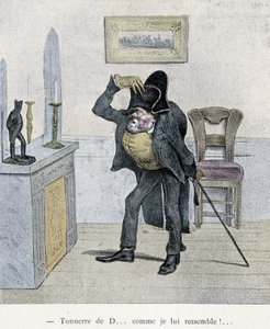 ¡Trueno de D... cómo me parezco a él!... Caricatura de Travies del siglo XIX que representa a un hombre comparándose con una estatuilla de Napoleón.
