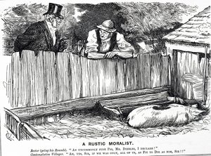 Viñeta titulada "Un moralista rústico" que representa a un rector, un aldeano y un cerdo de una fineza poco común. de Charles Keene