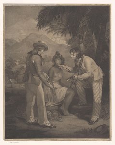 Dos marineros británicos ofrecen un reloj y un espejo por la fruta de una mujer india de Charles Knight