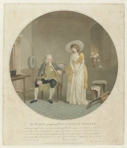 mujer con una rosa blanca y un hombre en una silla El Barón, proponiendo Walstein, a Caroline (título sobre objeto)