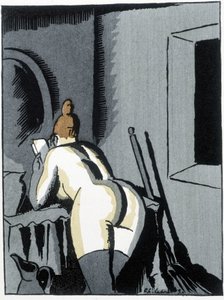 Mujer desnuda, de espaldas, leyendo - en "Le negre Leonard" de Pierre Mac Orlan, ill. de Chas. Laborde (Charles Laborde) (1886-1941), ed. del estandarte de Charles Laborde