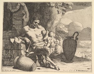 Tarde: un sátiro sentado abraza a su hijo, una figura cuelga una guirnalda en un pilar más allá, ca. 1640 de Charles Le Brun