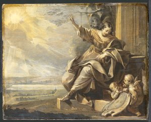 Alemán: Seated Female Figure with Two Putti and River Landscape, Grisaille Figura femenina alegórica con dos putti de Charles Le Brun
