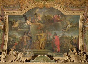 El Rey Luis XIV (1638-1715) da órdenes para atacar simultáneamente cuatro de las posiciones holandesas más fuertes en 1672, pintura en el techo de la Galerie des Glaces de Charles Le Brun
