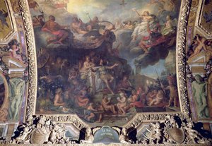 El rey Luis XIV (1638-1715) gobernando solo en 1661, pintura del techo de la Galería de los Espejos de Charles Le Brun