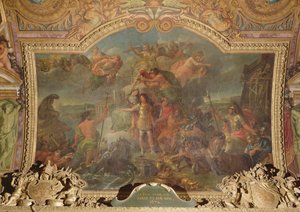 El rey Luis XIV (1638-1715) tomando las armas en tierra y mar en 1672, pintura del techo de la Galería de los Espejos de Charles Le Brun