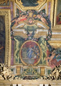 La fundación del Hotel Royal des Invalides en 1674, pintura del techo de la Galerie des Glaces