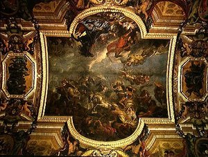 Vista del Rey tomando Maastricht en trece días en 1673 y el paso sobre el Rin en presencia de los enemigos en 1672, pintura del techo de la Galerie des Glaces