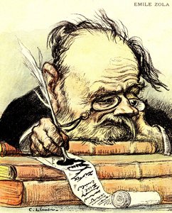 Viñeta de Emile Zola (1840-1902) escribiendo, visiblemente falto de inspiración - Ilustración de Charles Leandre en "El Rire" de Charles Leandre