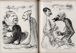 Caso Dreyfus - Los actores de la gran comedia dreyfusiana - el abogado Fernand Labori (1860-1917) - el abogado Louis Leblois (1854-1928) - el comandante Ferdinand Walsin Esterhazy (1847-1923) - el general Georges Picquart (1854-1914) - Caricatura de Charle de Charles Leandre