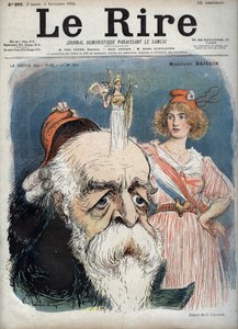Eugène Henri Brisson (1835-1912), abogado, periodista y político francés - Marianne levanta un gorro rojo de la cabeza de Brisson y de su cabeza parece surgir la diosa Atenea con todos sus atributos - caricatura de Charles Leandre (1862-1934) en 