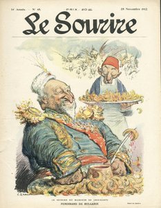 Ilustración de Charles Leandre (1862-1934) para la Portada de Le Smile, No. 48, 28/11/12 - La sonrisa del comedor de croissants - Turquía, Oriente, Balcanes, Bulgaria - Fernando de Bulgaria de Charles Leandre