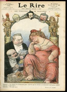 Ilustración de Charles Leandre (1862-1934) para la portada de Le Rire, 03/01/14 - Les étrennes de Marianne - Tribuno - Clemenceau George, Jaurès Jean, Briand Aristide, Marianne, Caillaux Joseph (1863-1944)
