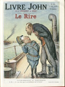 Ilustración de Charles Leandre (1862-1934) para la portada de Le Rire, 03/06/22 - Italia, URSS - Victor Emmanuel I, Gueorgui Titcherine (1872-1936)